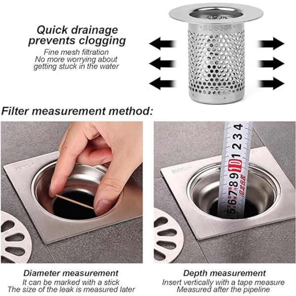 Badekaravløpsfilter, 5 cm rustfritt stål dusjfilter - sett