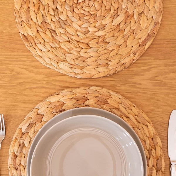 Set med 6 (35 cm) naturlige vevde vannhyacint-brikker, runde vevde brikker, vevde stråbrikker