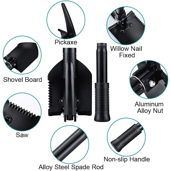 Mini hopfällbar spade 40 cm, multifunktionell trädgårdsspade i kolstål