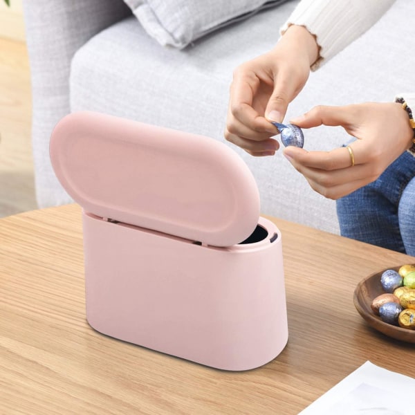 Liten (rosa) papperskorg för bordsskiva med tryckknappslock för kontor,