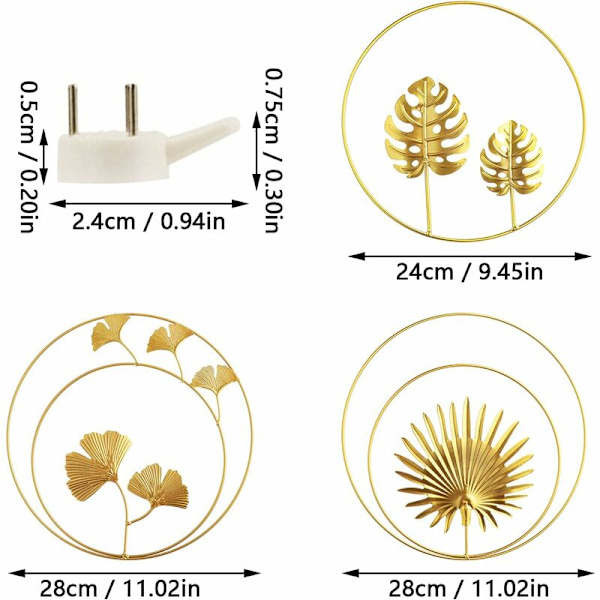 Sett med 3 veggdekorasjoner i metalljern, jern ginkgoblad og palme
