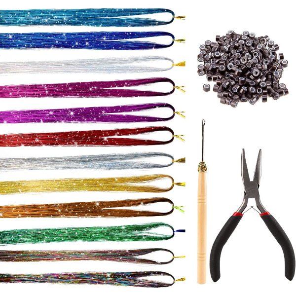 12 farver 2400 strenge hårforlængelser med værktøj Glitter Hairpie