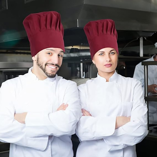 2 kokkehatter for voksne, rød kokkehatt for menn og kvinner, justerbar