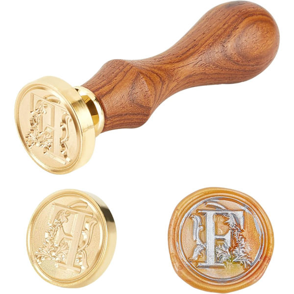 Forseglingsstempel i messing med trehåndtak og bokstav-F