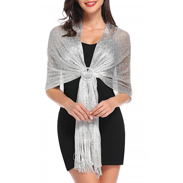 (Sølv) Paljettsjal Skjerf for Kvinner Glitrende Metallisk Håndkle med Skjerf Spenne Elegant Myk Wrap Stoff med Dusker Egnet for Bryllup, Brudepike, Aftenkjole, Fest, Graduering, Ball