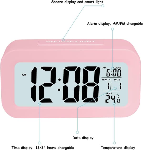(Rosa) LCD Digital Väckarklocka, Smart Digital Väckarklocka med Te