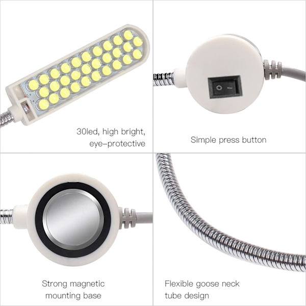 2 stk 2W 30LED symaskinlampe fast base fleksibel magnetisk rør