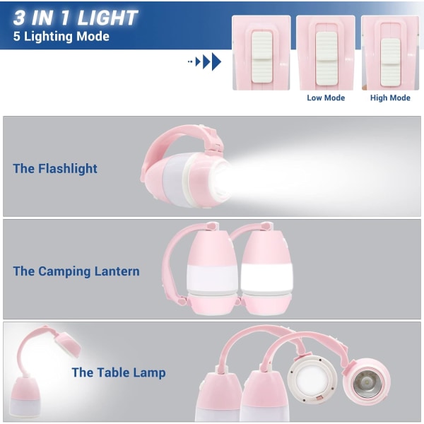 Pink Fousômo 3 i 1 LED Camping Lanterne & Håndholdt Lommelygte & T