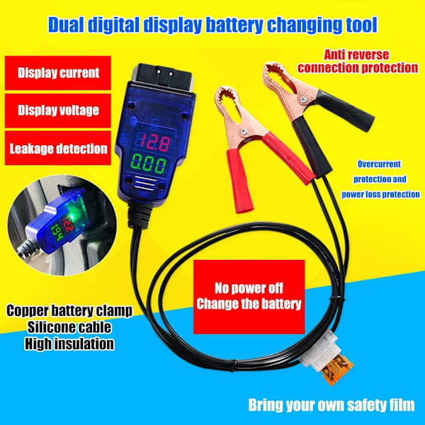 Bilbatteribyteverktyg, MoreChioce OBD till 12V bilströmsdator kabelminne digital display läckagedetekteringsverktyg med 2 krokodilklämmor