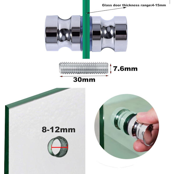 1 stk, 30 mm, aluminiumsdørhåndtak for bad, kromglass rundt dusjrom