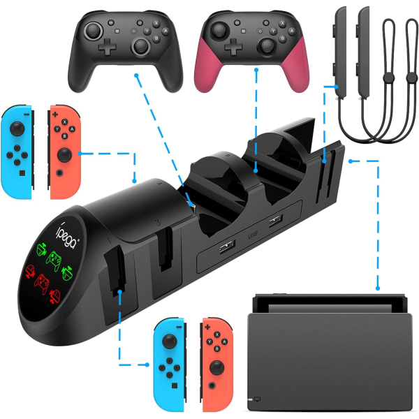 6 in 1 LED-laturiasema, yhteensopiva Joy-Con- ja Pro-ohjaimien kanssa