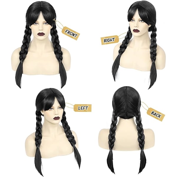 Wednesday Addams peruk för barn kvinnor, Addams svart lång flätad