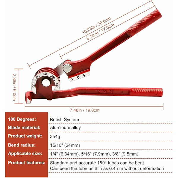 180 graders manuel rørbukker 1/4\" 5/16\" 3/8\" Professionel rørbukker til kobber, aluminium, stål og messingrør (metrisk)