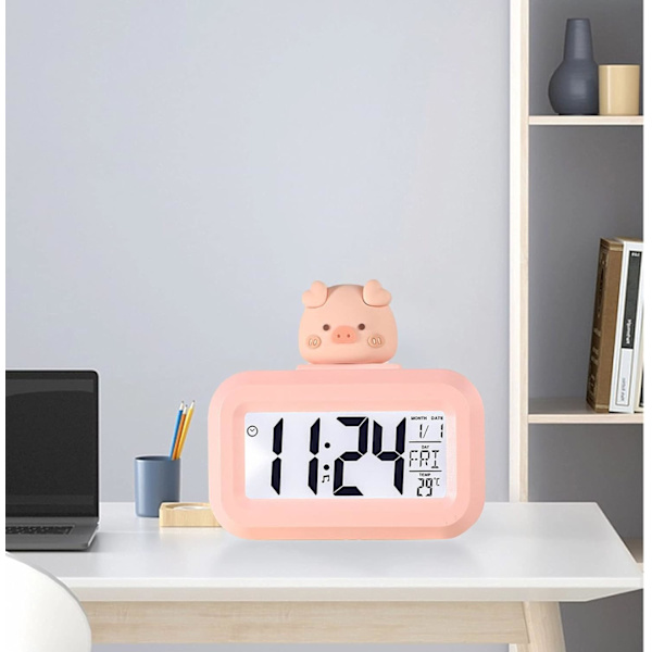Söt elektronisk väckarklocka (rosa gris), tecknad LED-skärm elektronisk klocka, visar tydligt ögonskyddande barnrumsnummer