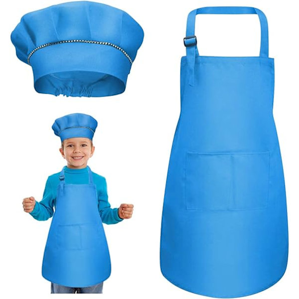 Blå - Förkläde + Hatt Set, Justerbart Barnköksförkläde med Ficka