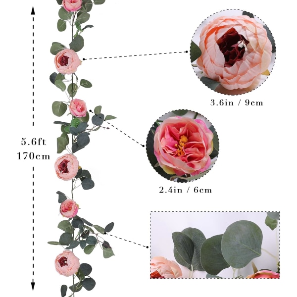 (Rosa) 2 st konstgjorda eukalyptusgirlang, pionranka, bröllopsgirlangdekoration, väggbakgrund, fest