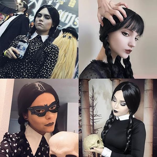 Wednesday Addams parykk for barn og kvinner, Addams svart lang flettet