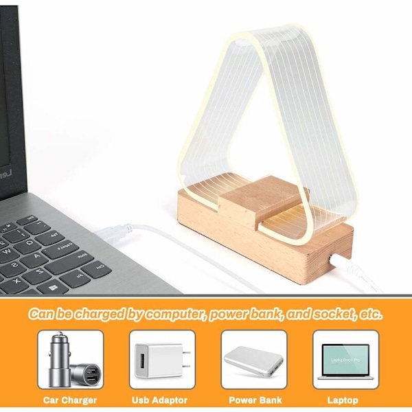USB-senglampe trekant moderne solid trebordlampe LED-natt