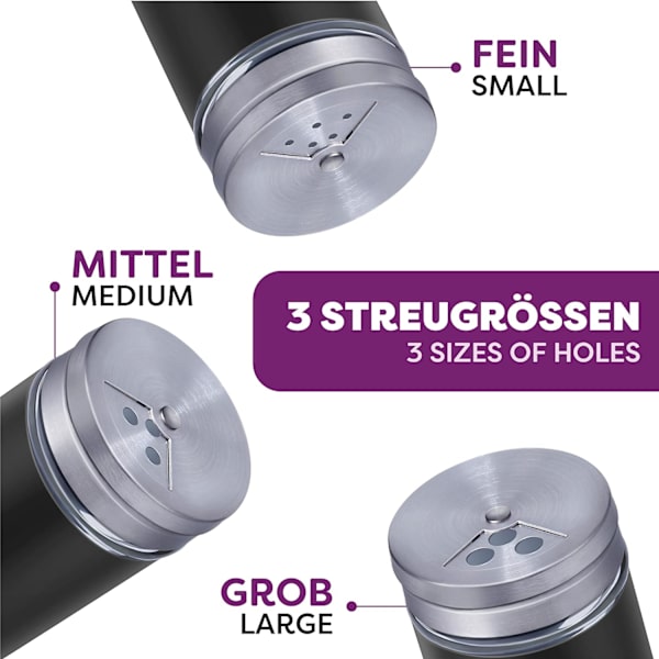 Svart sett med 2 80 ml rustfrie stål krydderglass - Med oversikt over