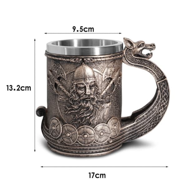 Ølkrus/kaffekrus i rustfritt stål, middelaldersk vikingskip, bronsefarge