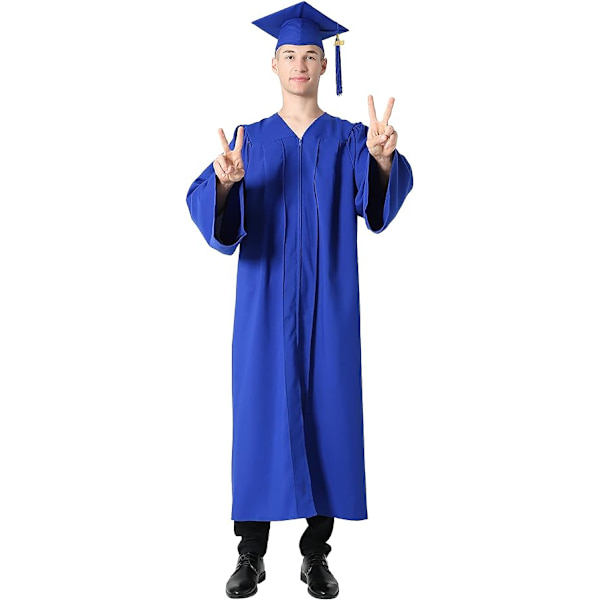 Kongeblå universitetsgradueringskjole og gradueringshue til voksne