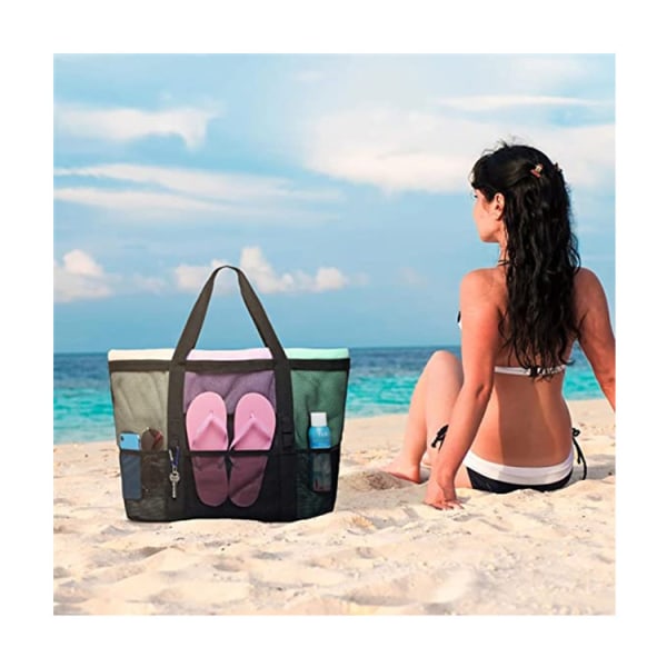 (42X38X20 cm, sort) Mesh Strandtaske Vandtæt og Sandproof Håndtaske Foldbar 9 Lommer