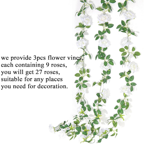 Set med 3 rosgirlander vita konstgjorda sidenblommor 2,4 m falsk murgröna