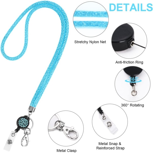 Kristallhalsband Lanyard, (Blå) Bling Nyckelring Genomskinlig Badge Holde