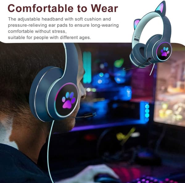 (Grønn) LED-lys hodetelefoner med mikrofon Foldable Cat Ear Gam