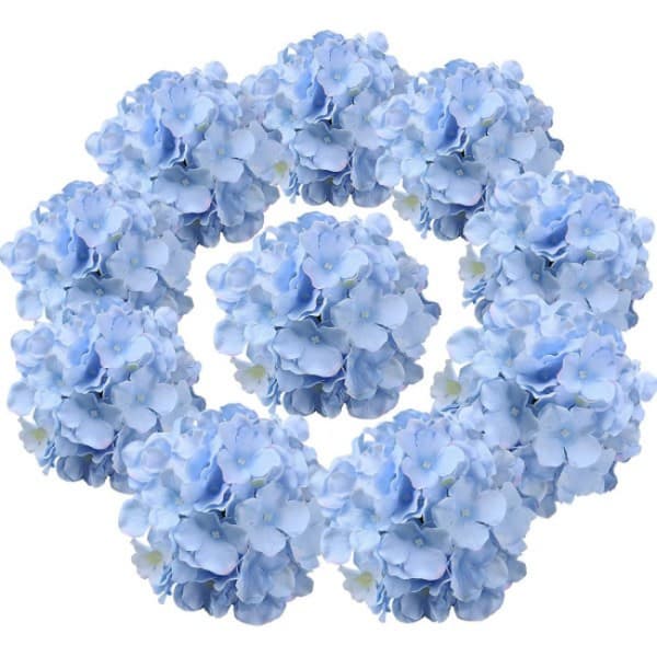 Sæt med 10 blå silkebroderede, kunstige kugleblomsterhoveder