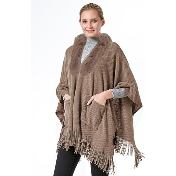 1 Pcs Poncho Shawl (Khaki) Women Winter Elegant Sweater Cape Pock