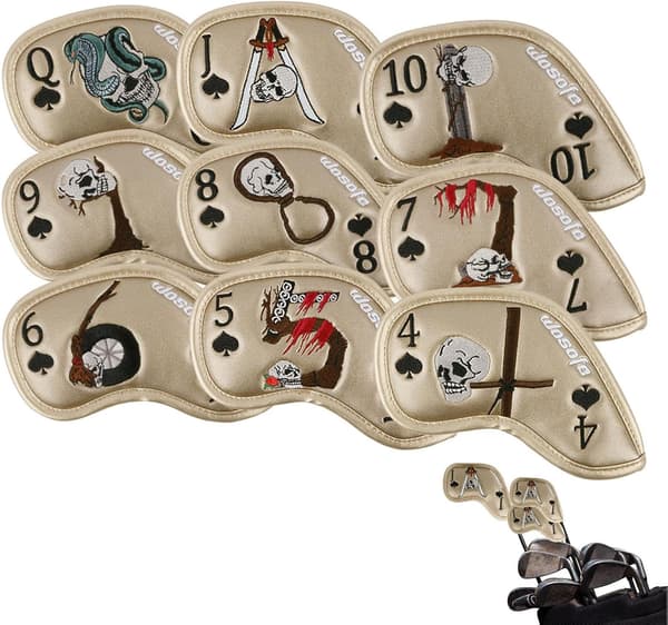 9 Skull Golf Tilbehør - Guld med Matchende Nummererede Tags - Hea