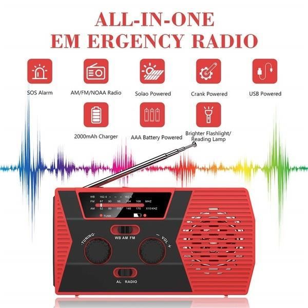 Bærbar nødstrømsradio med solcelle + LED-lommelykt + leselys + 2000 mAh powerbank