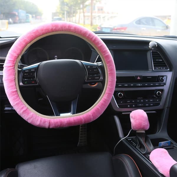 (Pink)3 Pack Fluffy Plush Car Steering Wheel Cover for Universal