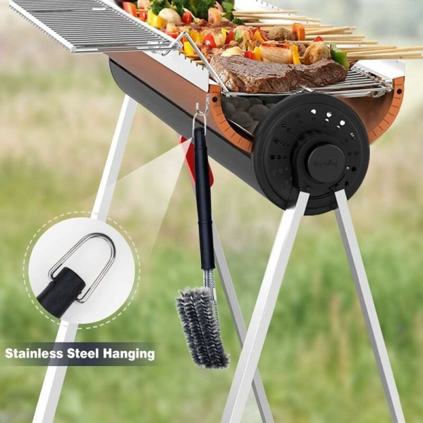 Grillbørste, 3 i 1 grillbørste, langt håndtak, rustfritt stål