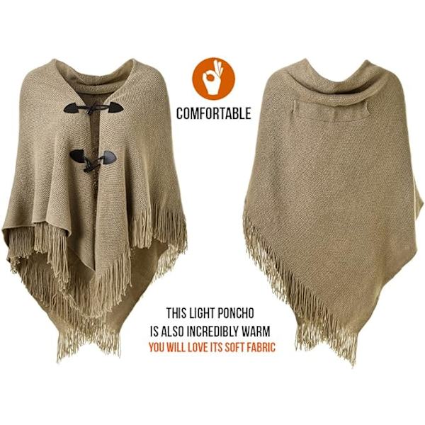 Elegant varm dam poncho sjal (Khaki) öppen fram med fransar