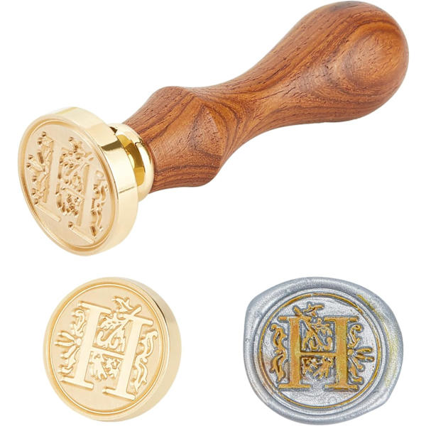 Forseglingsstempel i messing med trehåndtak og bokstav-H