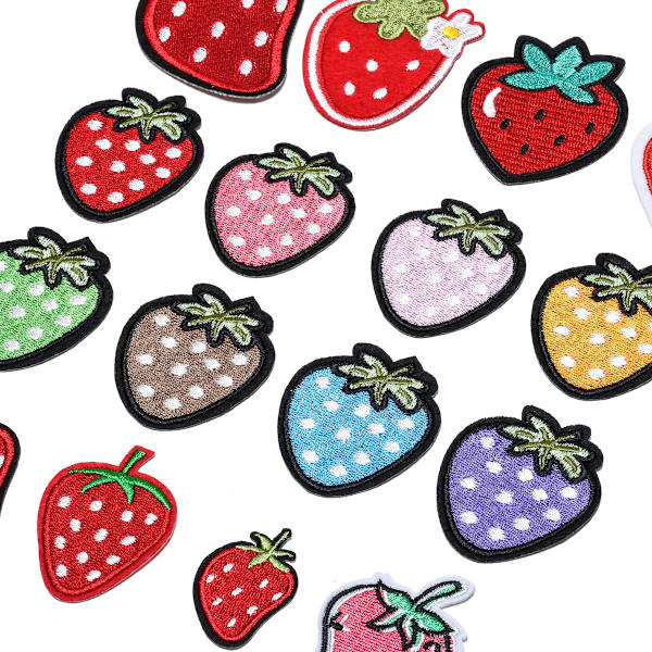 Sæt med 16 smukke, broderede jordbær-patches til at stryge på