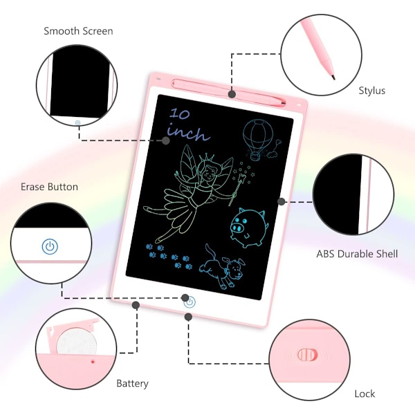 (Pink)Värikäs LCD-kirjoitustaulu, 10 tuuman lasten piirustustaulu wit