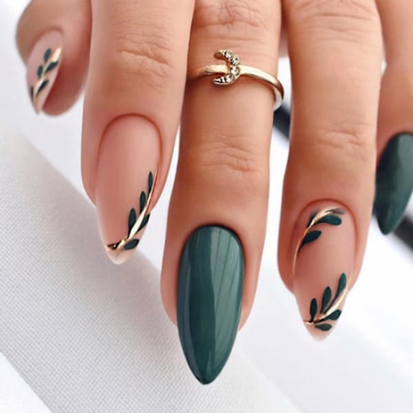 24 pcs short false nails with leaves, dark green French nails