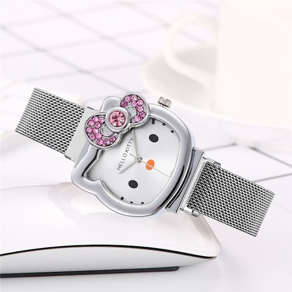Fashion Cartoon Cat Watch - Silver, Barnens Milan Mesh Strap med diamantrosett för kvinnor, magnetisk klocka