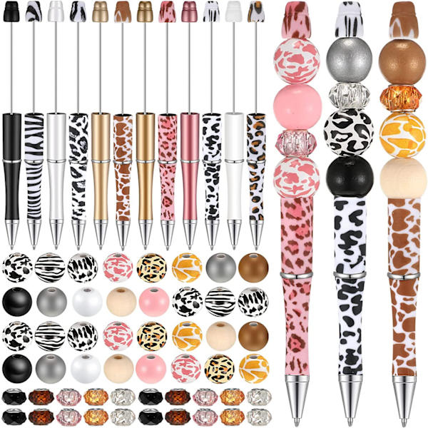 Set med 12 kulspetspennor (färgglad leopardmodell), plastpärlspenna, trädekorationspärlspenna, färgglada bredhåls pärlor, julklapp