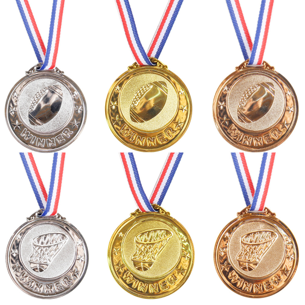 Gullbasketball-rugbymedaljer, sett med 6 fotballmedaljer i metall, te