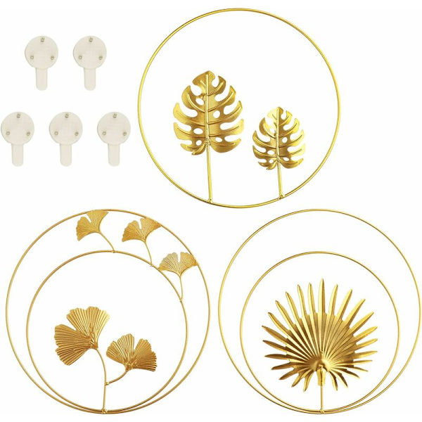 Sett med 3 veggdekorasjoner i metalljern, jern ginkgoblad og palme