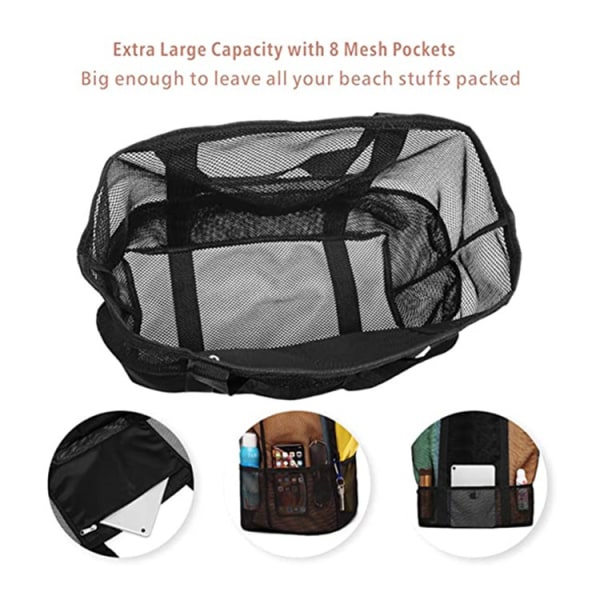 (42X38X20 cm, sort) Mesh Strandtaske Vandtæt og Sandproof Håndtaske Foldbar 9 Lommer