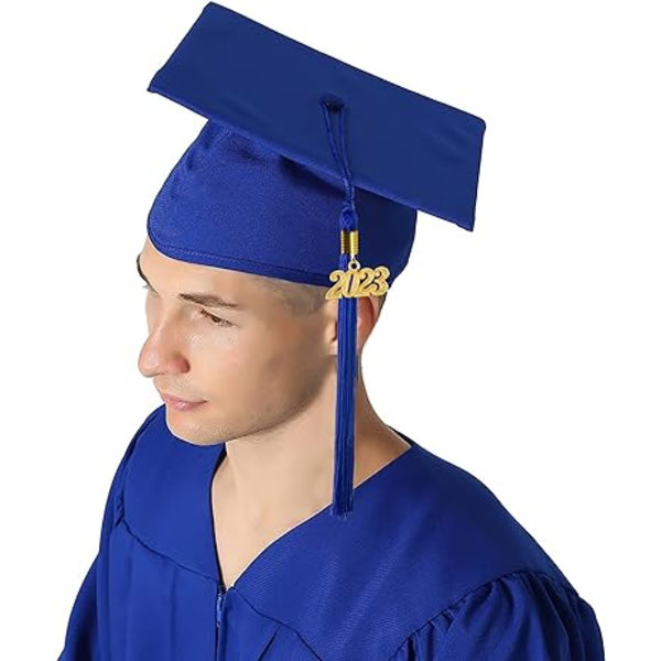 Kongeblå universitetsgradueringskjole og gradueringshue til voksne