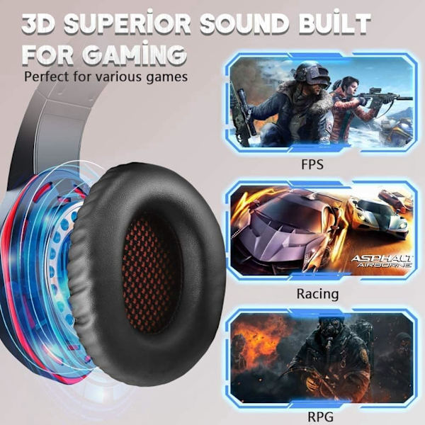(Röd) Gaming-hörlurar, Over-Ear-hörlurar med färgväxling