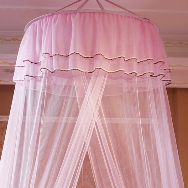 (Pink) Dome Myggenet, Elegant Blonde Prinsesse Himmelhimmel Netting med 2 Sommerfugle Dekorationer