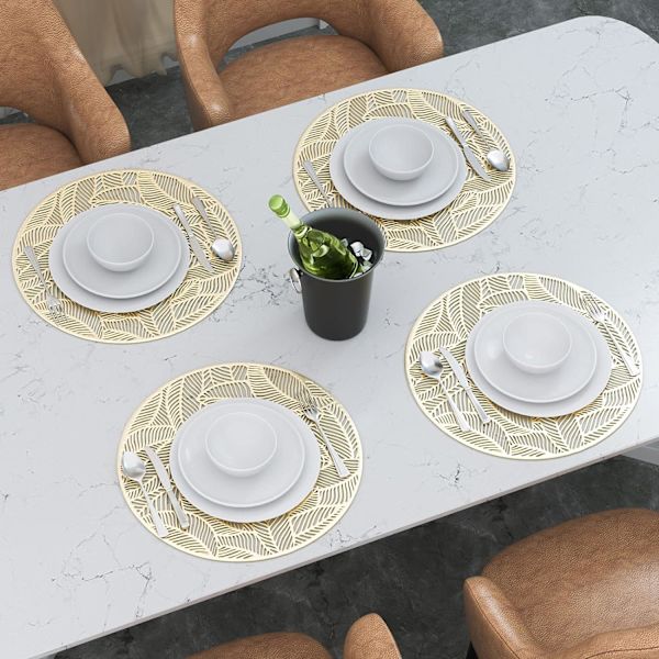 Pyöreä ontto pöytäalussetti, 4 kpl PVC-pöytäalussettiä, liukumaton pöytäalussetti, lämmöneristetty pöytäalussetti, sopii jouluun, syntymäpäivään, illalliseen, ravintolaan (kultainen, pestävä) (A)