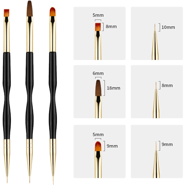 3-delad nagelborste set, UV-gelborste och nagelkonstborste, målningsborste, nagelverktyg